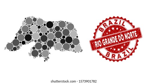 Mosaic Rio Grande do Norte State map and circle rubber print. Flat vector Rio Grande do Norte State map mosaic of randomized circle elements. Red rubber stamp with scratched style.