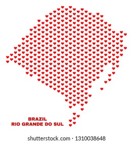 Mosaic Rio Grande do Sul State map of heart hearts in red color isolated on a white background. Regular red heart pattern in shape of Rio Grande do Sul State map.