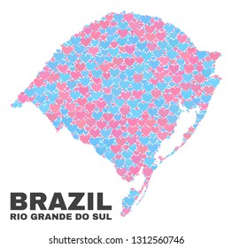 Mosaic Rio Grande do Sul State map of lovely hearts in pink and blue colors isolated on a white background. Lovely heart collage in shape of Rio Grande do Sul State map.