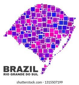 Mosaic Rio Grande do Sul State map isolated on a white background. Vector geographic abstraction in pink and violet colors. Mosaic of Rio Grande do Sul State map combined of random small squares.