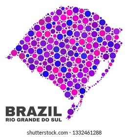 Mosaic Rio Grande do Sul State map isolated on a white background. Vector geographic abstraction in pink and violet colors. Mosaic of Rio Grande do Sul State map combined of scattered round dots.