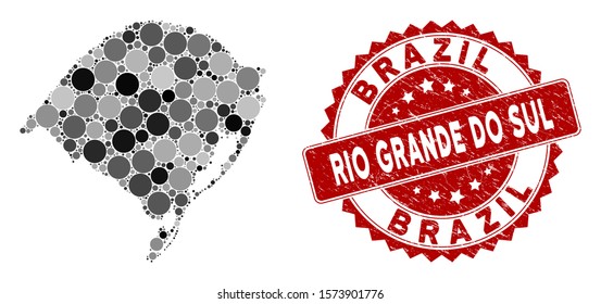 Mosaic Rio Grande do Sul State map and round seal. Flat vector Rio Grande do Sul State map mosaic of randomized round elements. Red seal stamp with distress surface.