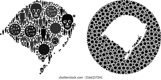 Mosaic Rio Grande do Sul State map organized from virus outbreak elements and population and death elements. Infection virus Rio Grande do Sul State map mosaic designed with circle and carved shape.