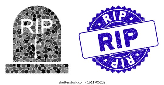 Mosaic RIP icon and grunge stamp seal with RIP phrase. Mosaic vector is designed from RIP icon and with scattered round items. RIP stamp seal uses blue color, and grunged surface.