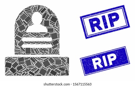 Mosaic RIP monument pictogram and rectangular seals. Flat vector RIP monument mosaic pictogram of scattered rotated rectangle elements. Blue caption seals with grunged textures.