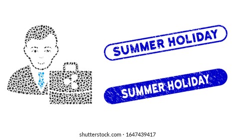 Mosaic Ripple accounter and rubber stamp seals with Summer Holiday phrase. Mosaic vector Ripple accounter is created with scattered oval spots. Summer Holiday stamp seals use blue color,