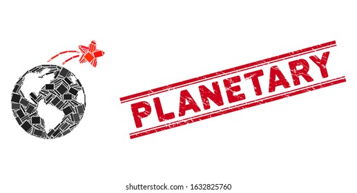 Mosaic rising satellite on Earth icon and red Planetary seal between double parallel lines. Flat vector rising satellite on Earth mosaic icon of randomized rotated rectangular elements.