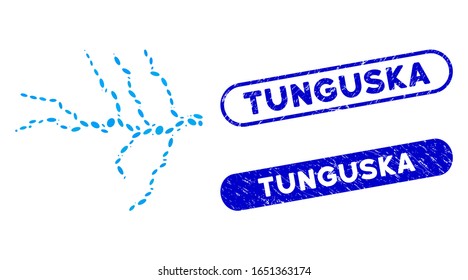 Mosaic river and grunge stamp seals with Tunguska caption. Mosaic vector river is formed with random oval elements. Tunguska seals use blue color, and have round rectangle shape.