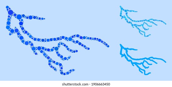 Icono del río Mosaico compuesto de elementos esféricos en tamaños aleatorios, posiciones y proporciones. Las partes esféricas azules vectoriales se agrupan en un icono de río de mosaico abstracto. Fondo azul claro.