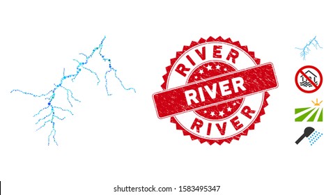 Mosaic river icon and rubber stamp watermark with River text. Mosaic vector is composed with river icon and with random spheric spots. River stamp uses red color, and distress design.