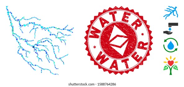 Mosaic river and round rubber print. Flat vector river mosaic of randomized round elements. Red rubber stamp with grunge texture. Designed for political and patriotic doctrines.
