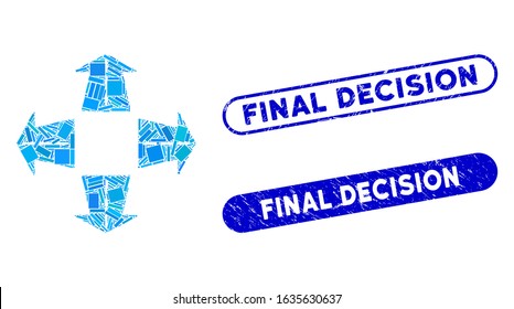 Mosaic road directions and rubber stamp seals with Final Decision caption. Mosaic vector road directions is created with randomized rectangles. Final Decision stamp seals use blue color,