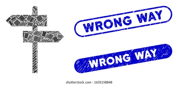 Mosaic road pointer and grunge stamp seals with Wrong Way phrase. Mosaic vector road pointer is composed with randomized rectangle items. Wrong Way stamp seals use blue color,