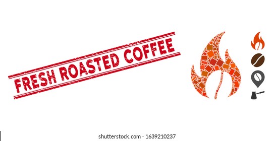 Mosaic roasted coffee pictogram and red Fresh Roasted Coffee stamp between double parallel lines. Flat vector roasted coffee mosaic pictogram of random rotated rectangle elements.