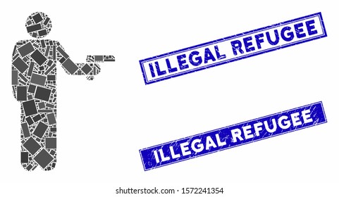 Mosaic robber with gun pictogram and rectangle Illegal Refugee rubber prints. Flat vector robber with gun mosaic pictogram of randomized rotated rectangle elements.