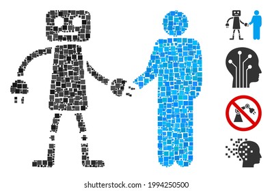Mosaic Robot human handshake icon united from square items in various sizes and color hues. Vector square elements are united into abstract mosaic robot human handshake icon.