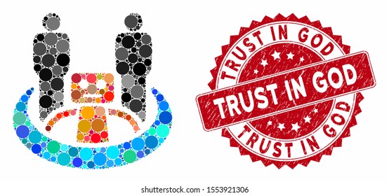 Mosaic robot union and distressed stamp seal with Trust in God phrase. Mosaic vector is formed with robot union icon and with randomized round items. Trust in God stamp uses red color,