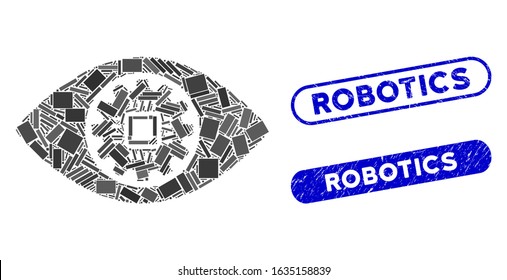 Mosaic robotics eye lens and distressed stamp seals with Robotics phrase. Mosaic vector robotics eye lens is formed with scattered rectangle items. Robotics seals use blue color,