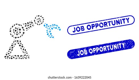 Mosaic robotics manipulator and rubber stamp watermarks with Job Opportunity caption. Mosaic vector robotics manipulator is formed with randomized elliptic pieces.