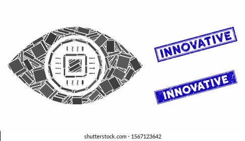 Mosaic robotics vision icon and rectangle stamps. Flat vector robotics vision mosaic icon of scattered rotated rectangle items. Blue caption rubber seals with distress textures.