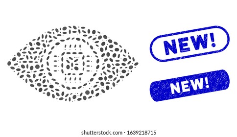 Mosaic robotics vision and rubber stamp seals with New! text. Mosaic vector robotics vision is formed with random elliptic elements. New! seals use blue color, and have round rectangle shape.