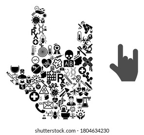 Mosaic rock gesture with medicine icons and basic icon. Mosaic vector rock gesture is formed with medicine icons. Flat design elements for doctor applications.