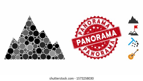 Mosaic rock mountain icon and rubber stamp seal with Panorama caption. Mosaic vector is designed with rock mountain icon and with randomized circle elements. Panorama seal uses red color,
