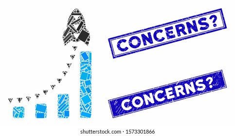Mosaic rocket business bar chart icon and rectangular Concerns? seal stamps. Flat vector rocket business bar chart mosaic icon of randomized rotated rectangular elements.
