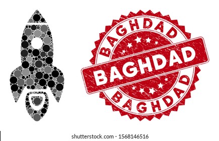 Mosaic rocket and corroded stamp watermark with Baghdad caption. Mosaic vector is composed with rocket icon and with randomized round items. Baghdad stamp seal uses red color, and grunge surface.