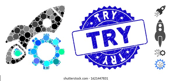 Mosaic rocket development icon and grunge stamp seal with Try text. Mosaic vector is formed from rocket development icon and with scattered spheric elements. Try stamp seal uses blue color,