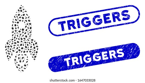 Cohetes mosaicos y sellos de sellos con el pie de foto de los Disparadores. El cohete vectorial mosaico está diseñado con partes ovales aleatorias. Los sellos de sello de los desencadenadores utilizan el color azul y tienen forma rectangular redonda.