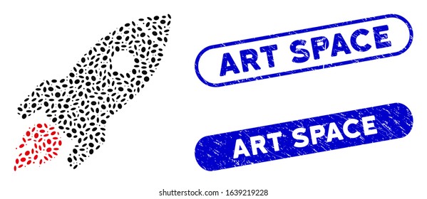 Mosaic rocket launch and rubber stamp watermarks with Art Space text. Mosaic vector rocket launch is designed with randomized oval items. Art Space stamp seals use blue color,