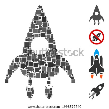 Mosaic Rocket module icon composed of square elements in variable sizes and color hues. Vector square elements are arranged into abstract illustration rocket module icon. Bonus icons are placed.