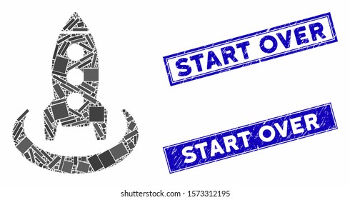 Mosaic rocket start position pictogram and rectangular Start Over rubber prints. Flat vector rocket start position mosaic pictogram of random rotated rectangular elements.