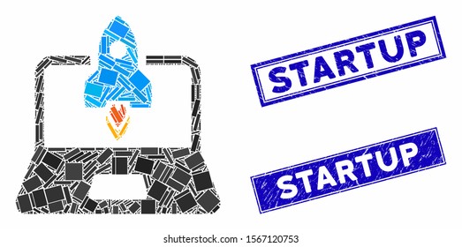 Mosaic rocket startup notebook icon and rectangular rubber prints. Flat vector rocket startup notebook mosaic icon of randomized rotated rectangular elements.