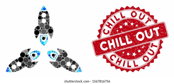 Mosaic rockets out and grunge stamp seal with Chill Out caption. Mosaic vector is formed with rockets out icon and with scattered circle items. Chill Out stamp seal uses red color,