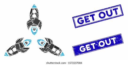 Mosaic rockets out pictogram and rectangle Get Out stamps. Flat vector rockets out mosaic icon of randomized rotated rectangle elements. Blue Get Out stamps with scratched surface.