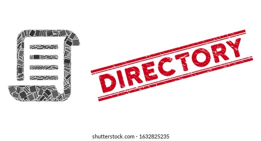 Mosaic roll document icon and red Directory stamp between double parallel lines. Flat vector roll document mosaic icon of randomized rotated rectangular items.