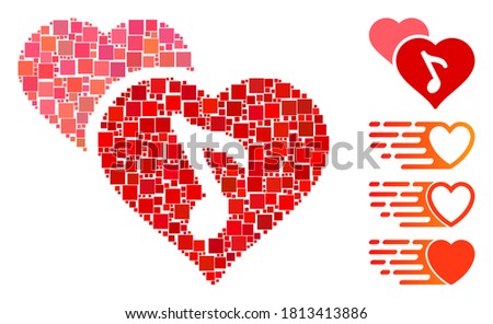 Mosaic Romance icon organized from square items in different sizes and color hues. Vector square items are organized into abstract mosaic romance icon. Bonus pictograms are placed.