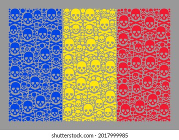 Mosaic Romania flag created with death items. Hazard vector straight mosaic Romania flag created for horror illustrations. Designed for political or patriotic promotion.