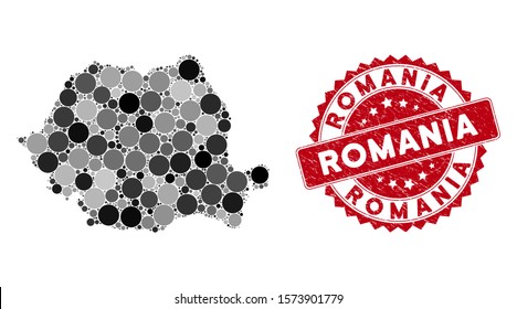 Mosaic Romania map and circle watermark. Flat vector Romania map mosaic of randomized circle items. Red watermark with grunge design. Designed for political and patriotic propaganda.