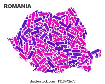 Mosaic Romania map isolated on a white background. Vector geographic abstraction in pink and violet colors. Mosaic of Romania map combined of scattered circle points and lines.