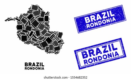Mosaic Rondonia State map and rectangle stamps. Flat vector Rondonia State map mosaic of scattered rotated rectangle elements. Blue caption stamps with rubber surface.