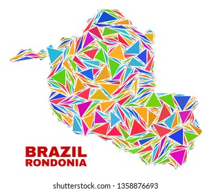 Mosaic Rondonia State map of triangles in bright colors isolated on a white background. Triangular collage in shape of Rondonia State map. Abstract design for patriotic purposes.
