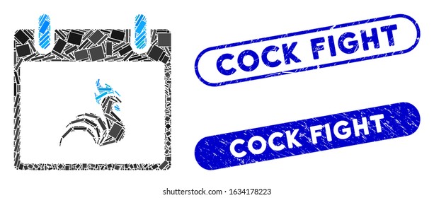 Mosaic rooster calendar day and rubber stamp watermarks with Cock Fight text. Mosaic vector rooster calendar day is designed with randomized rectangles. Cock Fight stamp seals use blue color,