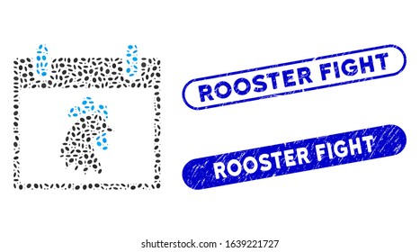Mosaic rooster head calendar day and corroded stamp seals with Rooster Fight phrase. Mosaic vector rooster head calendar day is composed with randomized elliptic spots.