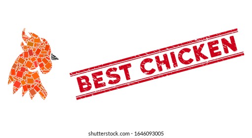 Mosaic rooster head icon and red Best Chicken stamp between double parallel lines. Flat vector rooster head mosaic pictogram of scattered rotated rectangular items.