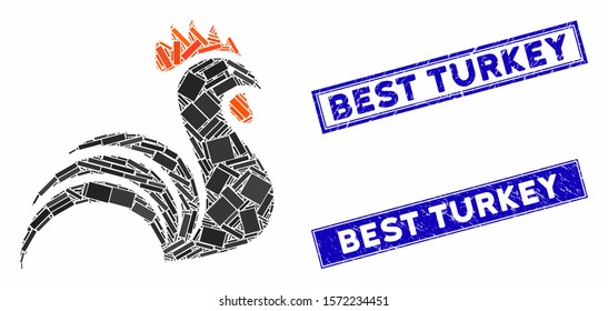 Mosaic rooster pictogram and rectangle Best Turkey seals. Flat vector rooster mosaic pictogram of scattered rotated rectangle elements. Blue Best Turkey rubber seals with scratched textures.