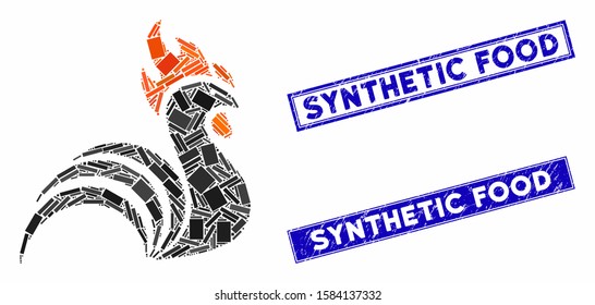 Mosaic rooster pictogram and rectangular Synthetic Food seal stamps. Flat vector rooster mosaic pictogram of scattered rotated rectangular items. Blue Synthetic Food seal stamps with dirty surface.