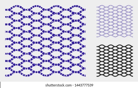 Mosaic Rope mesh icon organized from round and square elements in different sizes, positions and proportions. Vector spheric and square parts are organized into abstract composition rope mesh icons.